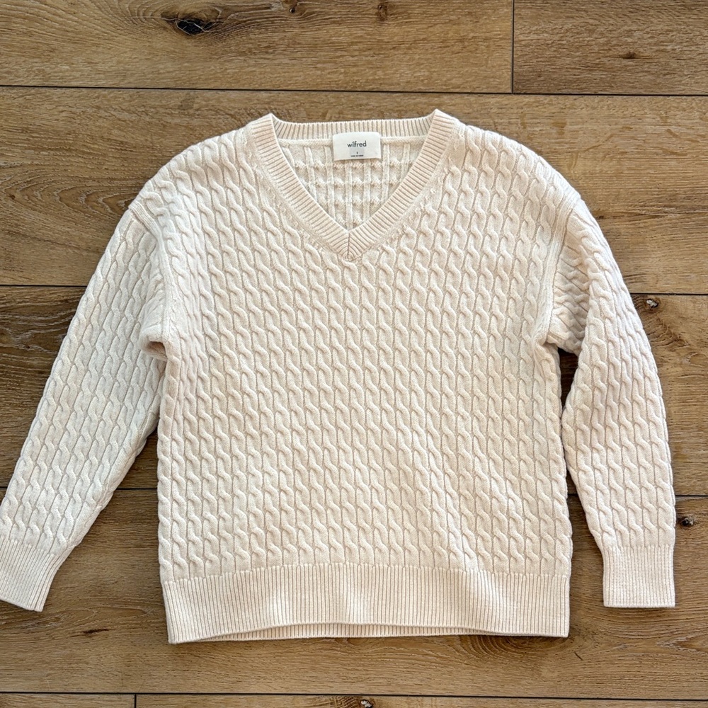 Aritzia Wilfred 100% Wool Ivory V-Neck Cable Knit Sweater Size Small